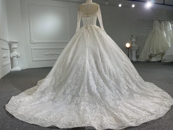 Z048- BYG Ivory Vintage Off-Shoulder Long Sleeves Beading Lace Ball Gown - Image 5
