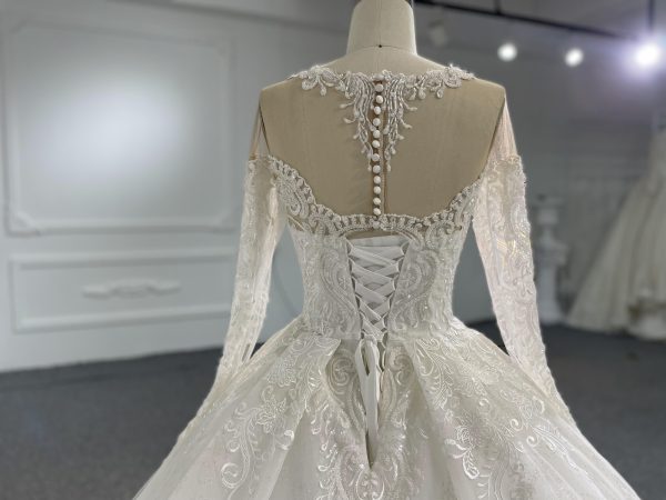 Z048- BYG Ivory Vintage Off-Shoulder Long Sleeves Beading Lace Ball Gown - Image 6