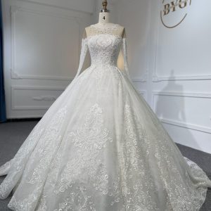 Z048- BYG Ivory Vintage Off-Shoulder Long Sleeves Beading Lace Ball Gown