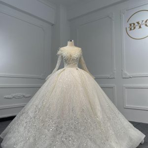 Z057- BYG Gorgeous Stereo Pearl Chain Luxury Long Sleeves Ball gown