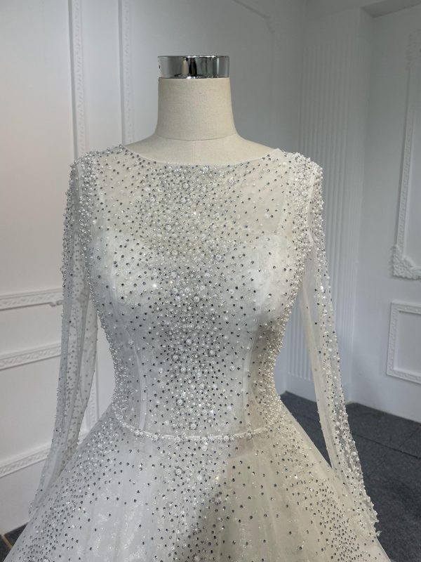 Z041- BYG powder lace sweetheart neckline A-line dress with diamond long sleeves jacket