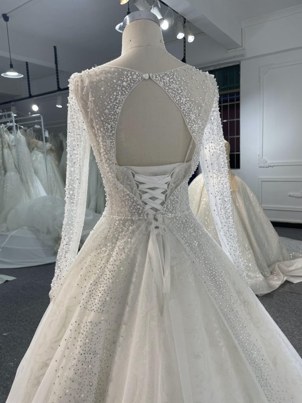 Z041- BYG powder lace sweetheart neckline A-line dress with diamond long sleeves jacket - Image 6