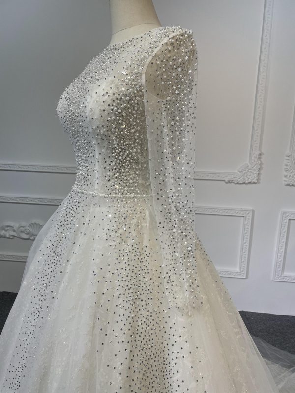 Z041- BYG powder lace sweetheart neckline A-line dress with diamond long sleeves jacket - Image 4