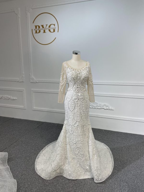 Z054-BYG prefect fit corset with pearl chain design & glass reflection sequins mermaid dress with detachable train - Image 3