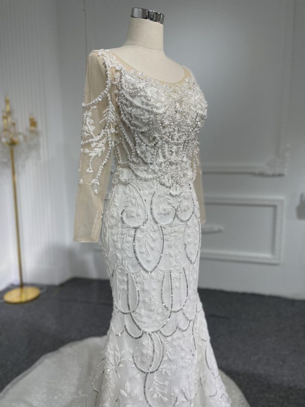 Z054-BYG prefect fit corset with pearl chain design & glass reflection sequins mermaid dress with detachable train - Image 5