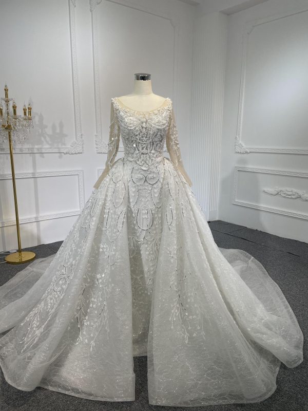 Z054-BYG prefect fit corset with pearl chain design & glass reflection sequins mermaid dress with detachable train