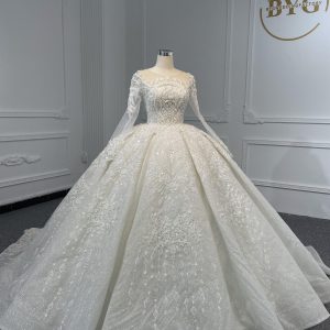 Z064- BYG Vintage Heavy Beading Lace Ivory Long Sleeve Wedding Ball Gown