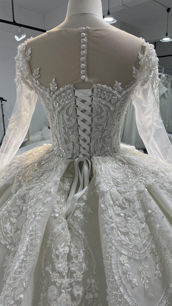Z064- BYG Vintage Heavy Beading Lace Ivory Long Sleeve Wedding Ball Gown - Image 5