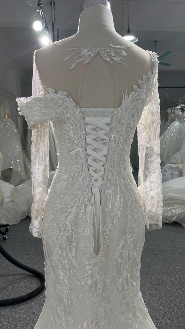 Z055- BYG luxury beading lace off-shoulder design with long sleeves and detachable train - Image 4