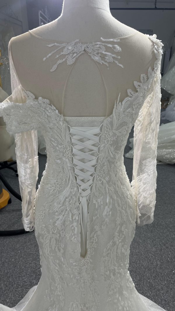 Z055- BYG luxury beading lace off-shoulder design with long sleeves and detachable train - Image 5