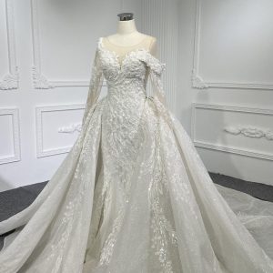 Z055- BYG luxury beading lace off-shoulder design with long sleeves and detachable train