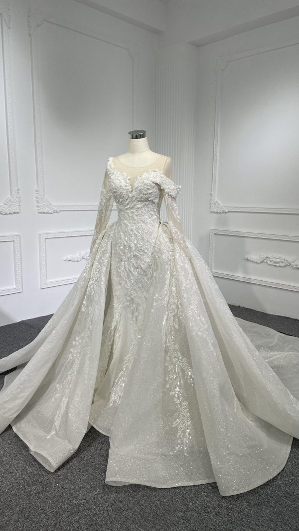 Z055- BYG luxury beading lace off-shoulder design with long sleeves and detachable train