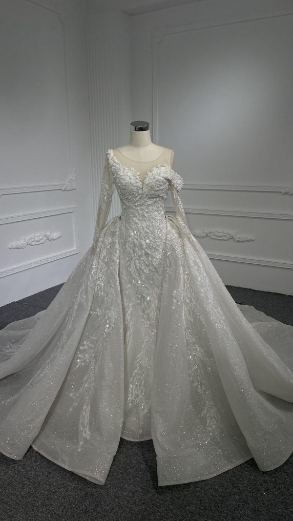 Z055- BYG luxury beading lace off-shoulder design with long sleeves and detachable train - Image 2