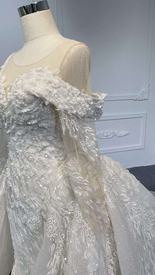Z055- BYG luxury beading lace off-shoulder design with long sleeves and detachable train - Image 6