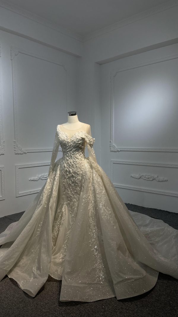 Z055- BYG luxury beading lace off-shoulder design with long sleeves and detachable train - Image 3
