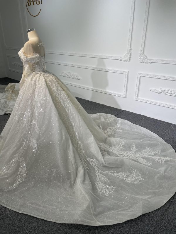 Z055- BYG luxury beading lace off-shoulder design with long sleeves and detachable train - Image 8