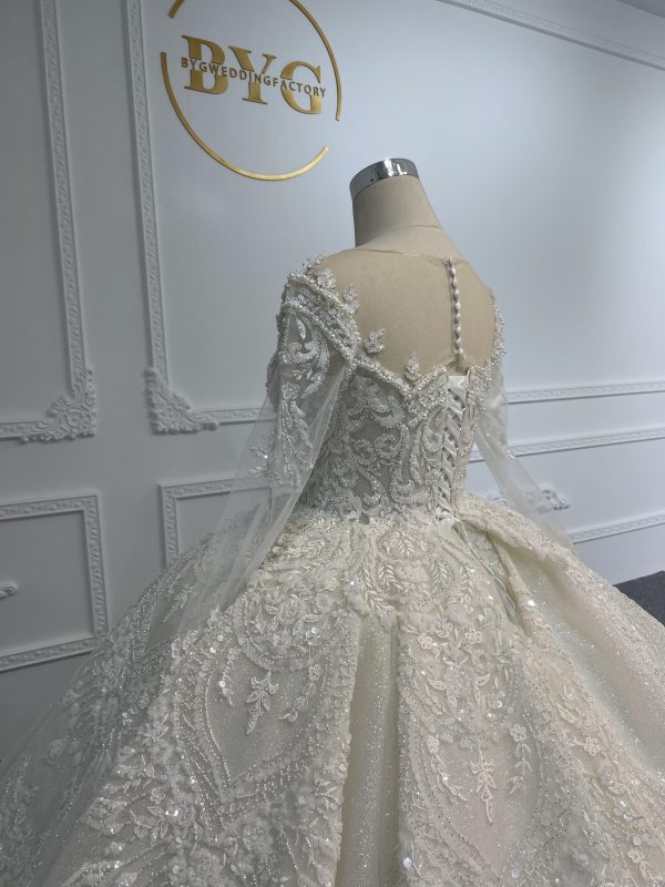 Z064- BYG Vintage Heavy Beading Lace Ivory Long Sleeve Wedding Ball Gown - Image 6
