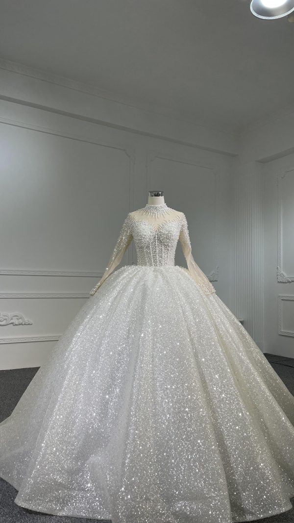 Z068  BYG Shimmering Luxury Ballgown With High Neck and Cuff Details - Image 2