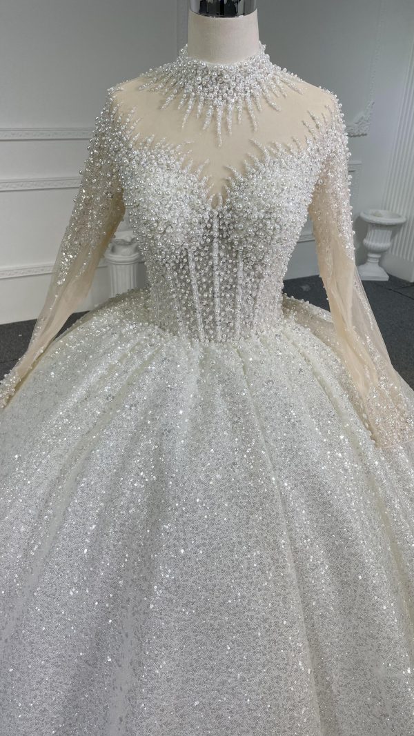 Z068  BYG Shimmering Luxury Ballgown With High Neck and Cuff Details - Image 4