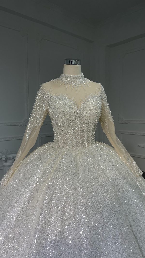 Z068  BYG Shimmering Luxury Ballgown With High Neck and Cuff Details - Image 3