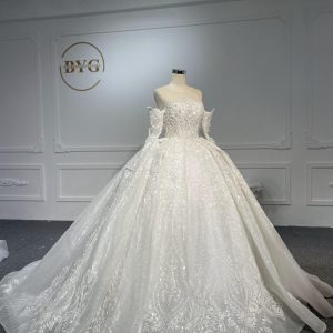 Z062- BYG Thick Heavy Beading Lace Off-shoulder Long sleeves Ball Gown
