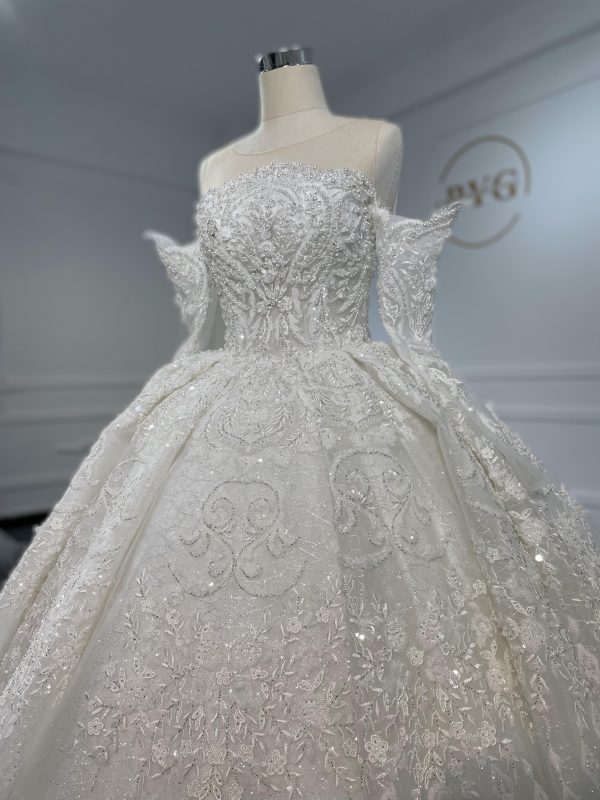 Z062- BYG Thick Heavy Beading Lace Off-shoulder Long sleeves Ball Gown - Image 2