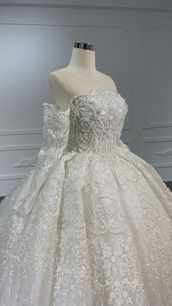 Z062- BYG Thick Heavy Beading Lace Off-shoulder Long sleeves Ball Gown - Image 6