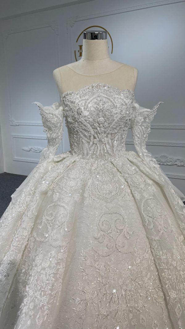 Z062- BYG Thick Heavy Beading Lace Off-shoulder Long sleeves Ball Gown - Image 5