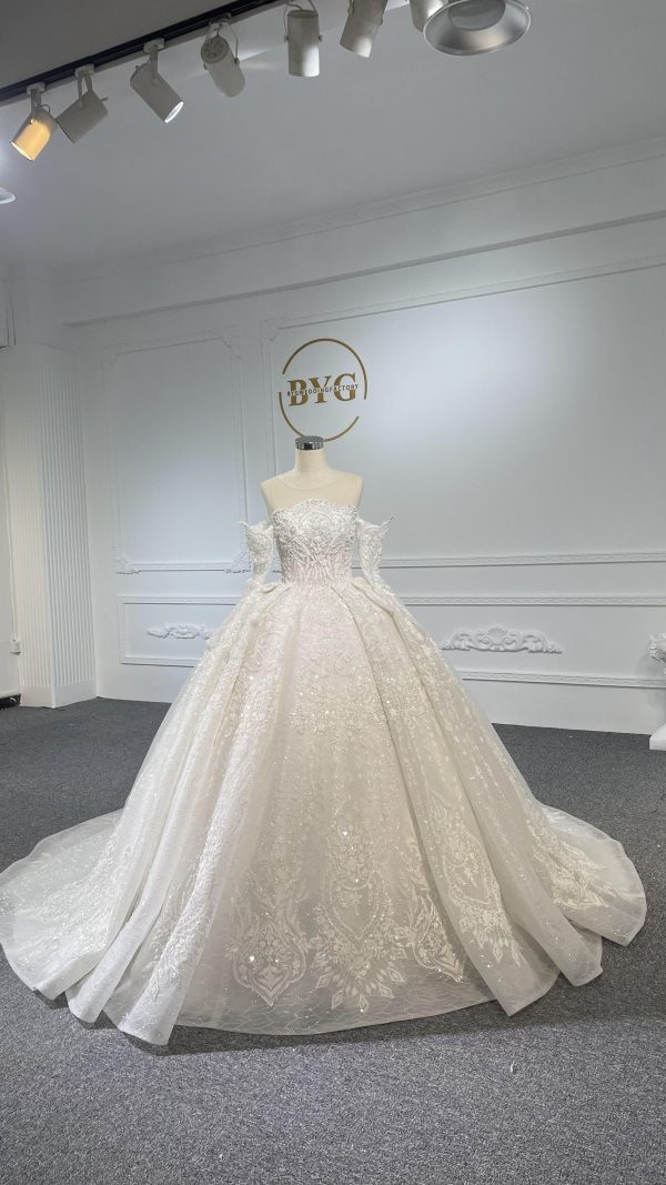 Z062- BYG Thick Heavy Beading Lace Off-shoulder Long sleeves Ball Gown - Image 4