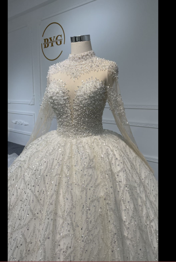 Z069- BYG Long Sleeves Super Luxury Crystal and Pearls Beading Ball gown - Image 5
