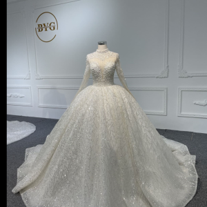 Z069- BYG Long Sleeves Super Luxury Crystal and Pearls Beading Ball gown