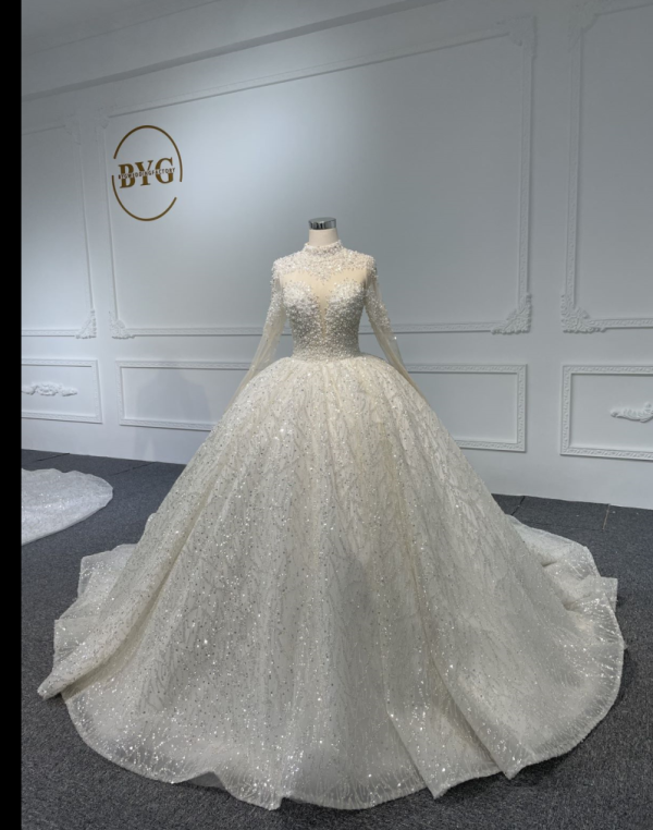 Z069- BYG Long Sleeves Super Luxury Crystal and Pearls Beading Ball gown