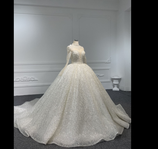 Z069- BYG Long Sleeves Super Luxury Crystal and Pearls Beading Ball gown - Image 3