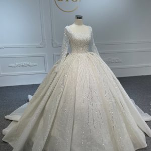 PD001- BYG SHINY BEADING LACE BALL GOWN WITH LONG SLEEVES