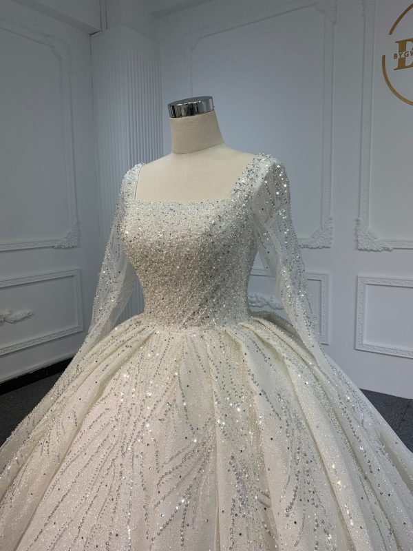 PD001- BYG SHINY BEADING LACE BALL GOWN WITH LONG SLEEVES - Image 5