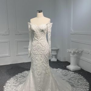 BYG#Z074-One-shoulder long-sleeved 3D lace beaded wedding dress mermaid