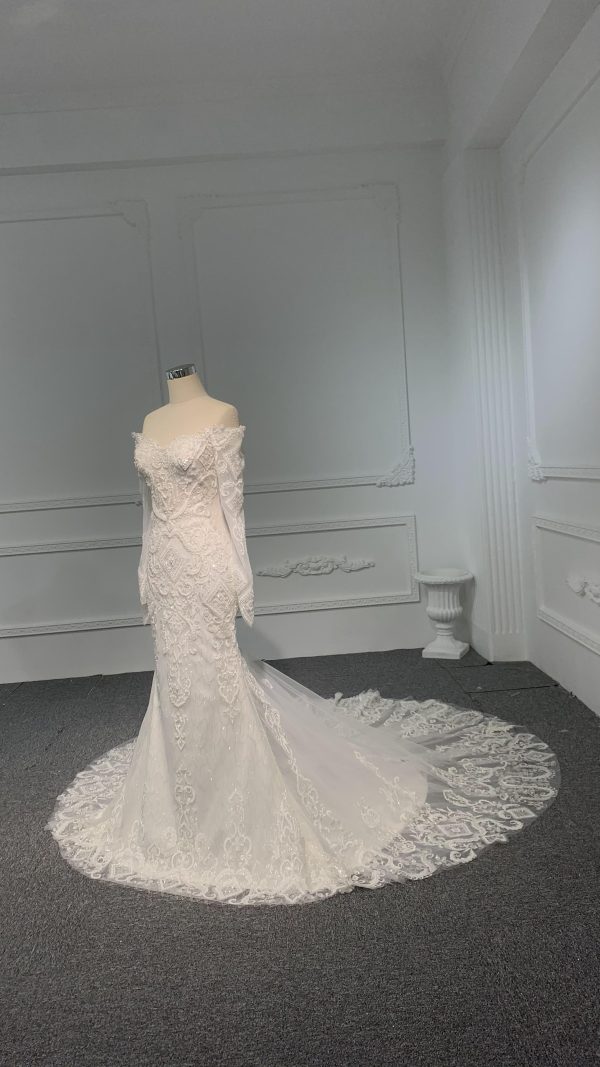 BYG#Z074-One-shoulder long-sleeved 3D lace beaded wedding dress mermaid - Image 2