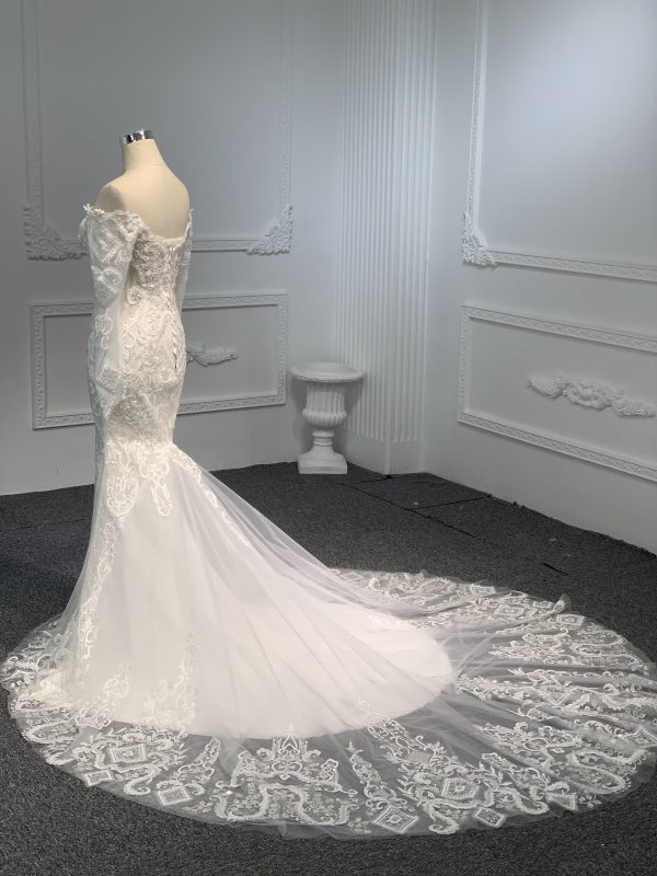 BYG#Z074-One-shoulder long-sleeved 3D lace beaded wedding dress mermaid - Image 3