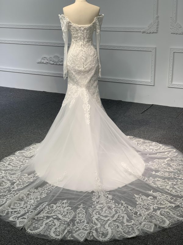 BYG#Z074-One-shoulder long-sleeved 3D lace beaded wedding dress mermaid - Image 4