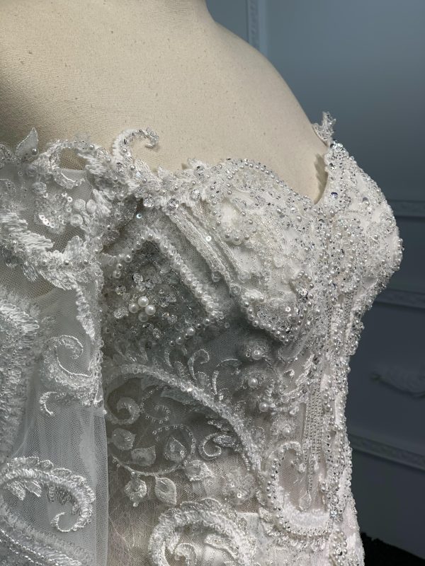 BYG#Z074-One-shoulder long-sleeved 3D lace beaded wedding dress mermaid - Image 5