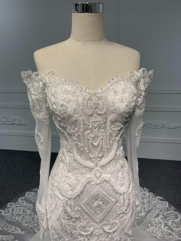 BYG#Z074-One-shoulder long-sleeved 3D lace beaded wedding dress mermaid - Image 6