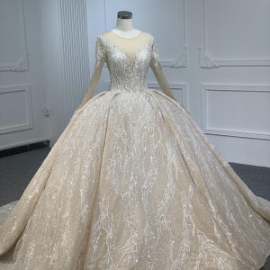 PD003- BYG CHAMPAGNE SWEETHEART NECKLINE BALL GOWN WITH LONG SLEEVES