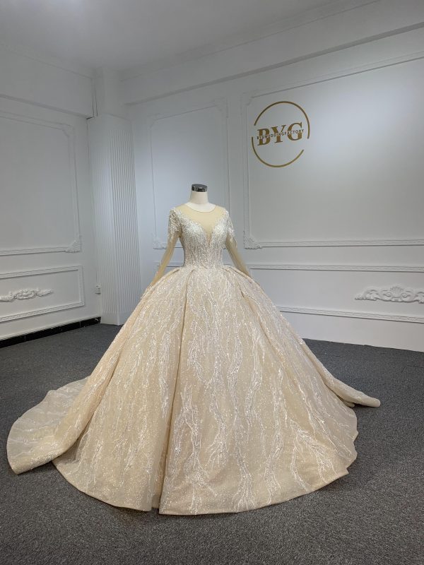 PD003- BYG CHAMPAGNE SWEETHEART NECKLINE BALL GOWN WITH LONG SLEEVES - Image 2