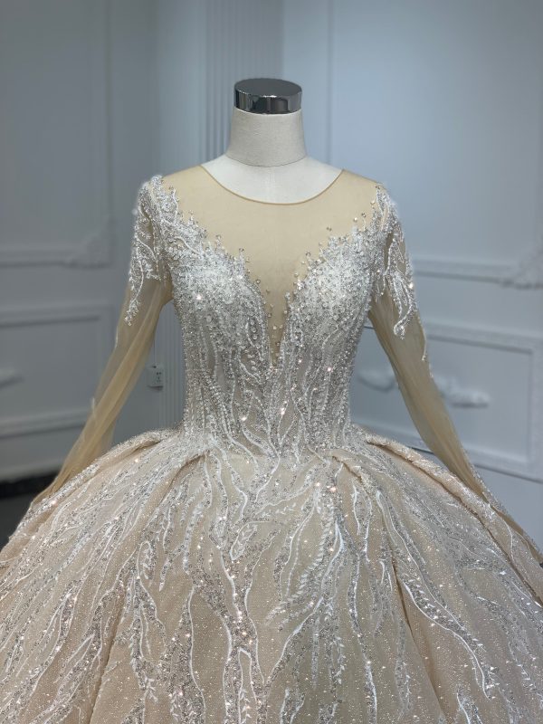 PD003- BYG CHAMPAGNE SWEETHEART NECKLINE BALL GOWN WITH LONG SLEEVES - Image 3