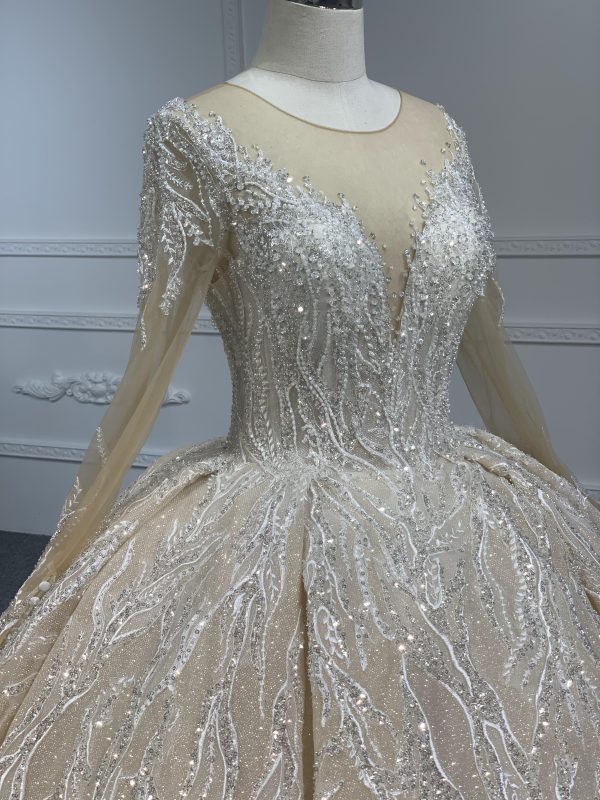 PD003- BYG CHAMPAGNE SWEETHEART NECKLINE BALL GOWN WITH LONG SLEEVES - Image 4