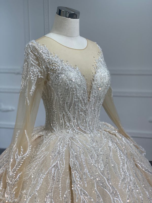 PD003- BYG CHAMPAGNE SWEETHEART NECKLINE BALL GOWN WITH LONG SLEEVES - Image 5