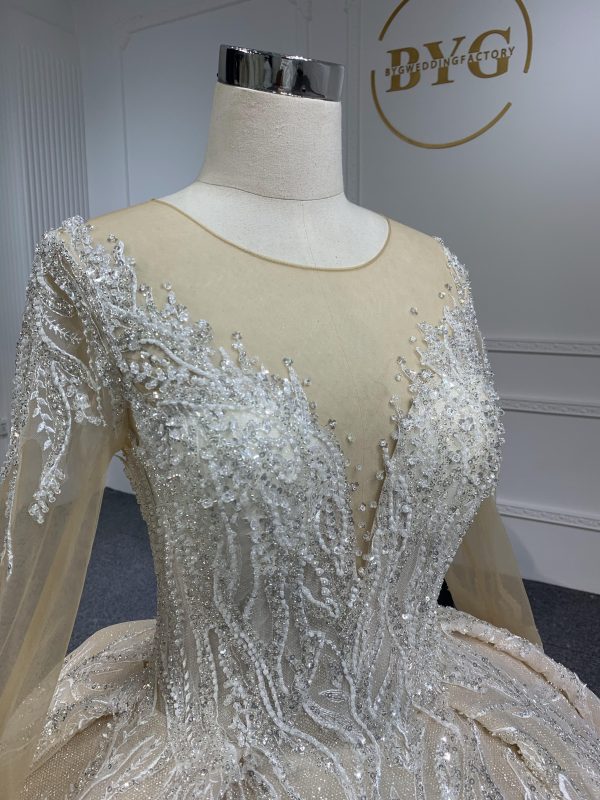 PD003- BYG CHAMPAGNE SWEETHEART NECKLINE BALL GOWN WITH LONG SLEEVES - Image 8
