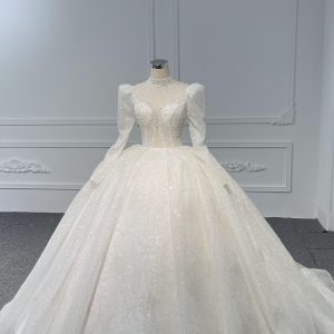 BYG-#Z081-Long-sleeved high-necked sexy beaded sequins long tail wedding dress