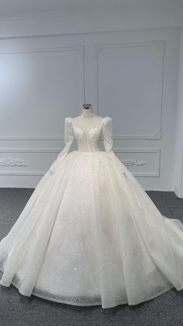 BYG-#Z081-Long-sleeved high-necked sexy beaded sequins long tail wedding dress