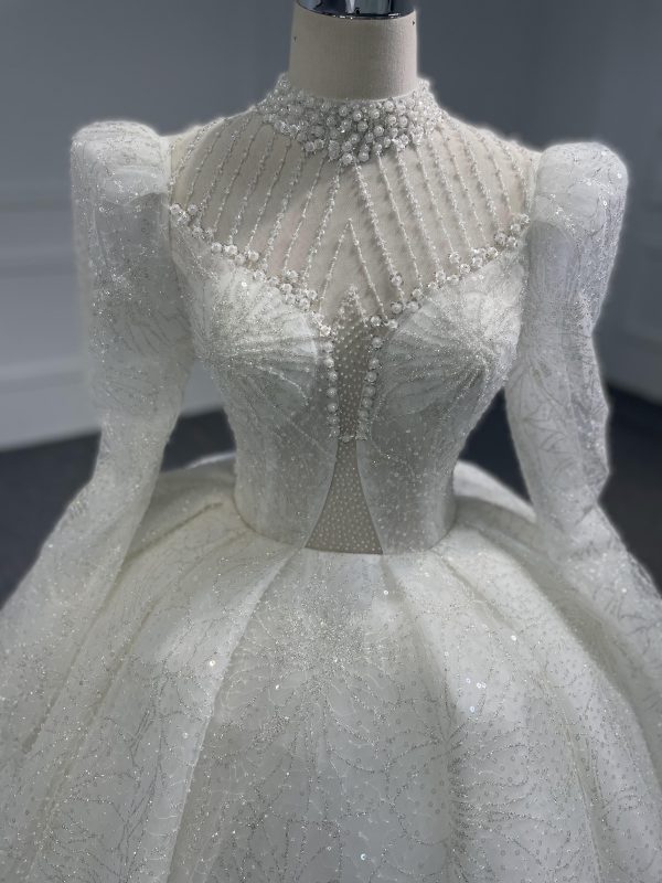 BYG-#Z081-Long-sleeved high-necked sexy beaded sequins long tail wedding dress - Image 5